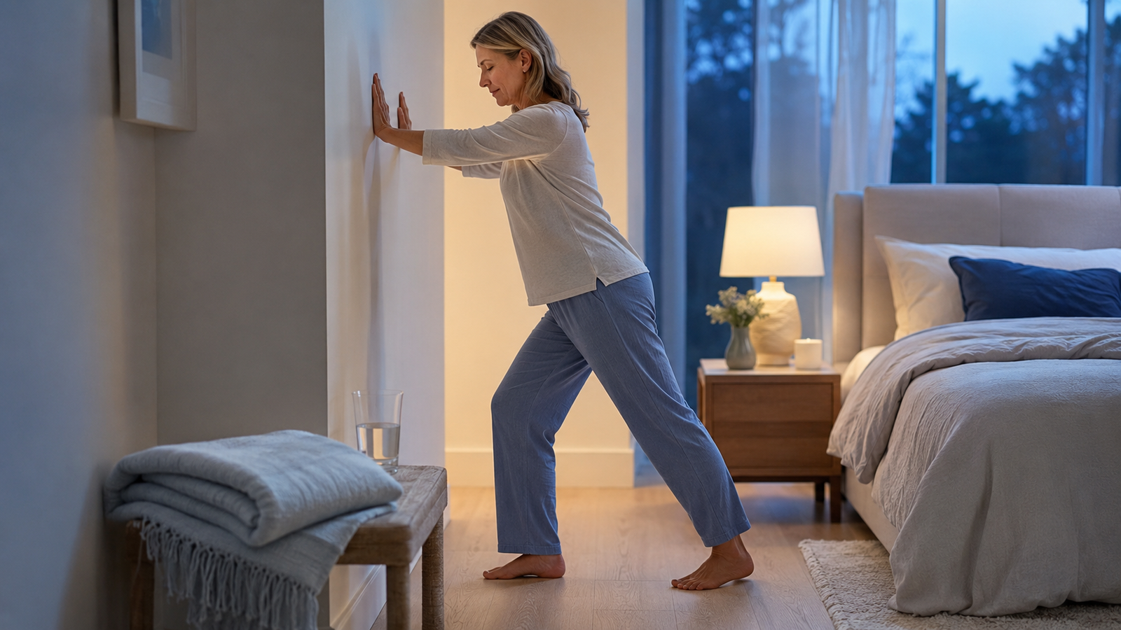 Can menopause cause restless legs – woman performing a gentle calf stretch before bed