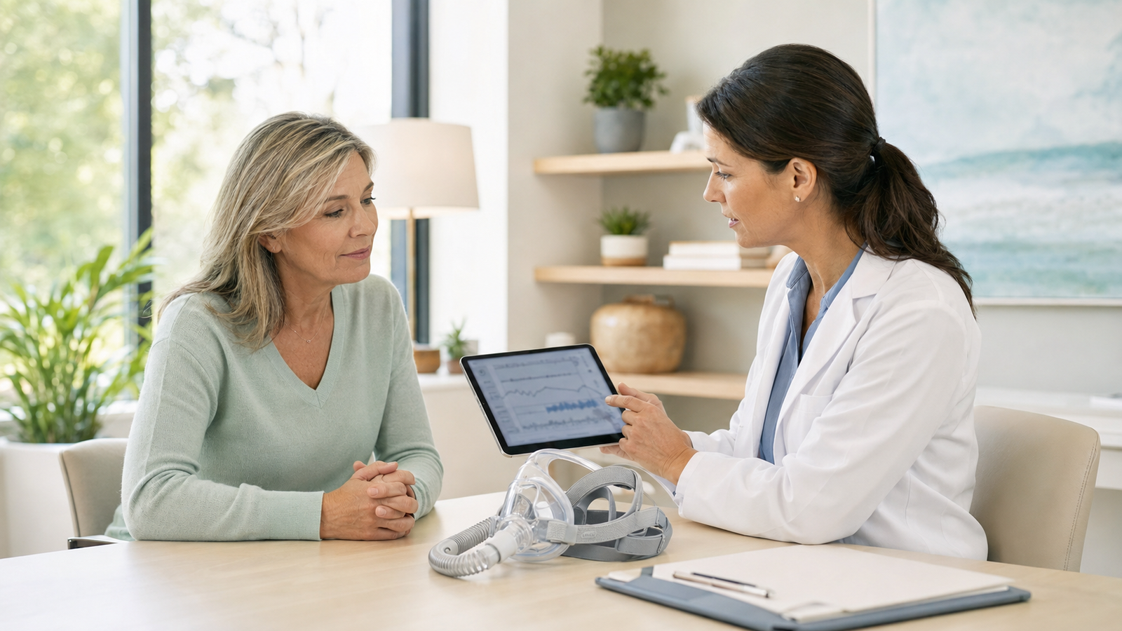 Can menopause cause sleep apnea – woman discussing sleep test results and CPAP treatment