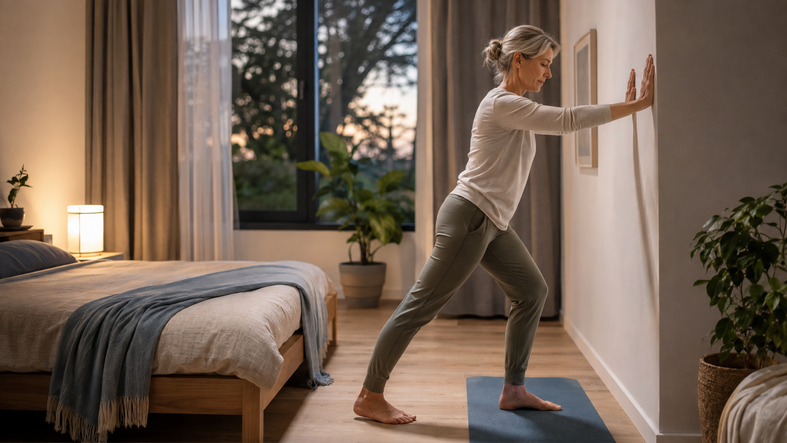Does menopause cause restless legs syndrome – woman performing a gentle calf stretch before bed
