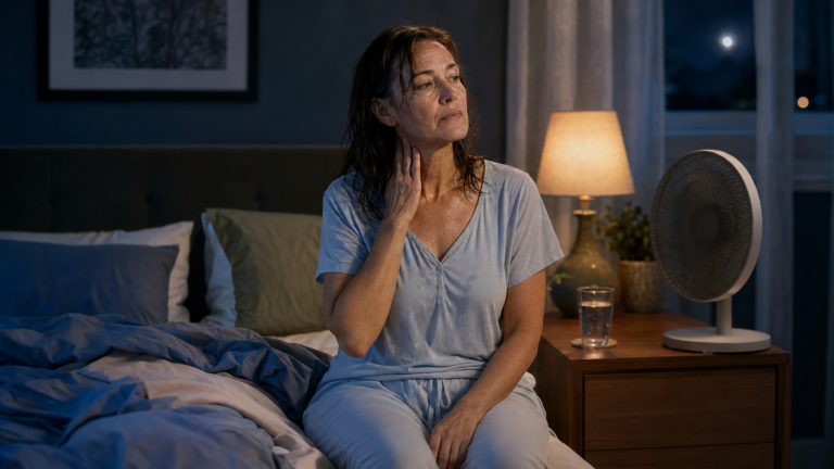 Why does menopause cause night sweats in a middle-aged woman sleeping at night