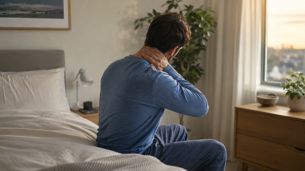 Why does my neck hurt when I wake up – man holding his stiff neck after sleeping