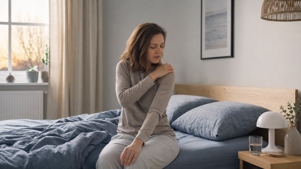 Why does my shoulder hurt when I wake up – woman holding her painful shoulder after sleeping